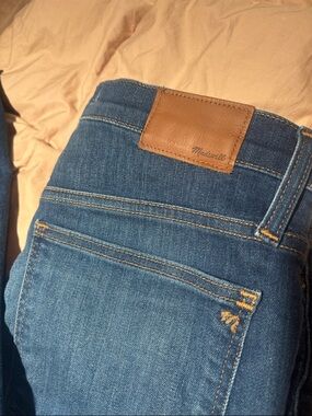 Madewell Dark Blue Bootcut Jeans with Brown Leather Patch